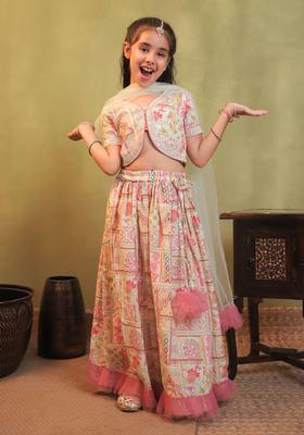 Pink Embellished Polyester Lehenga Set For Girls