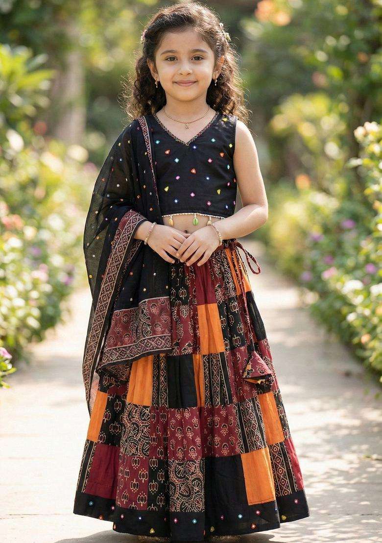 Multi Embellished Cotton Lehenga Set For Girls - Indya