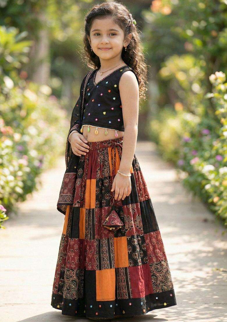 Multi Embellished Cotton Lehenga Set For Girls - Indya