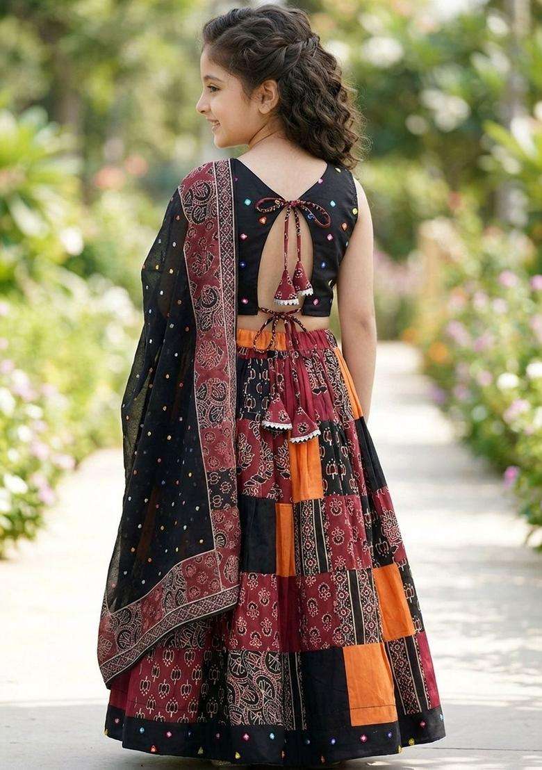 Multi Embellished Cotton Lehenga Set For Girls - Indya