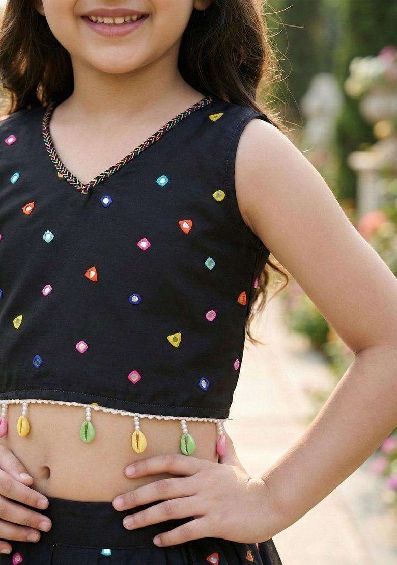 Multi Embellished Cotton Lehenga Set For Girls - Indya