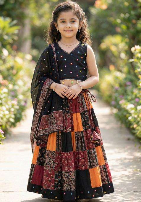 Multi Embellished Cotton Lehenga Set For Girls