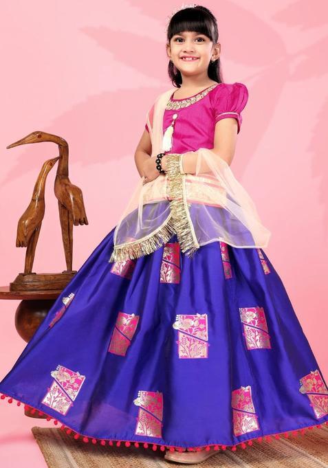 Blue Embellished Silk Lehenga Set For Girls — view on Indya