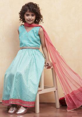 Blue Embellished Polyester Lehenga Set For Girls