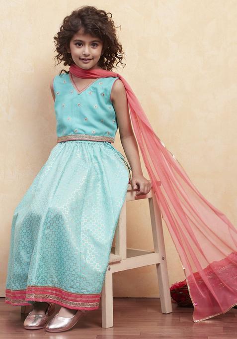Blue Embellished Polyester Lehenga Set For Girls — view on Indya
