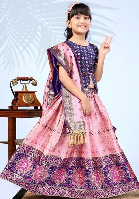 Pink Woven Design Silk Lehenga Set For Girls — view on Indya