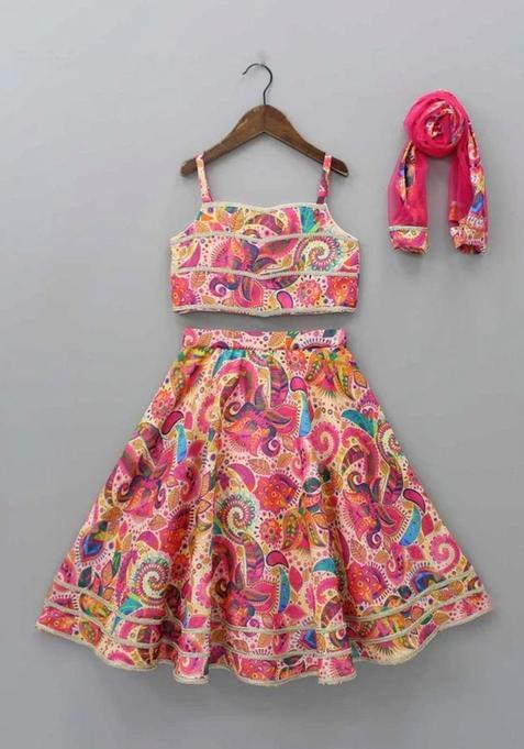Pink Printed Cotton Lehenga Set For Girls — view on Indya