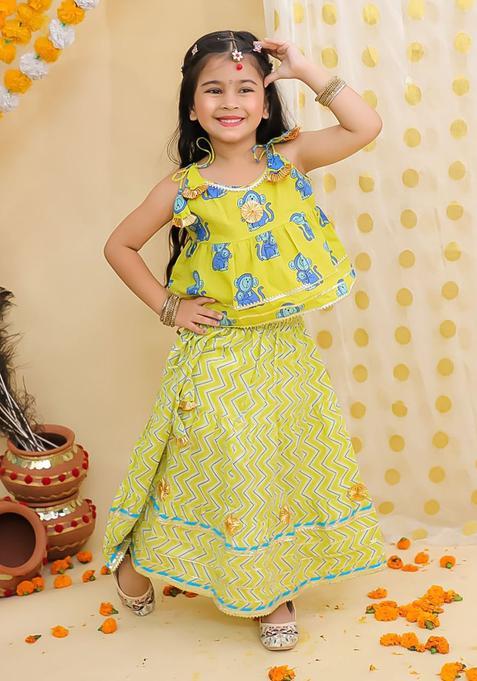 Yellow Printed Cotton Lehenga Set For Girls — view on Indya