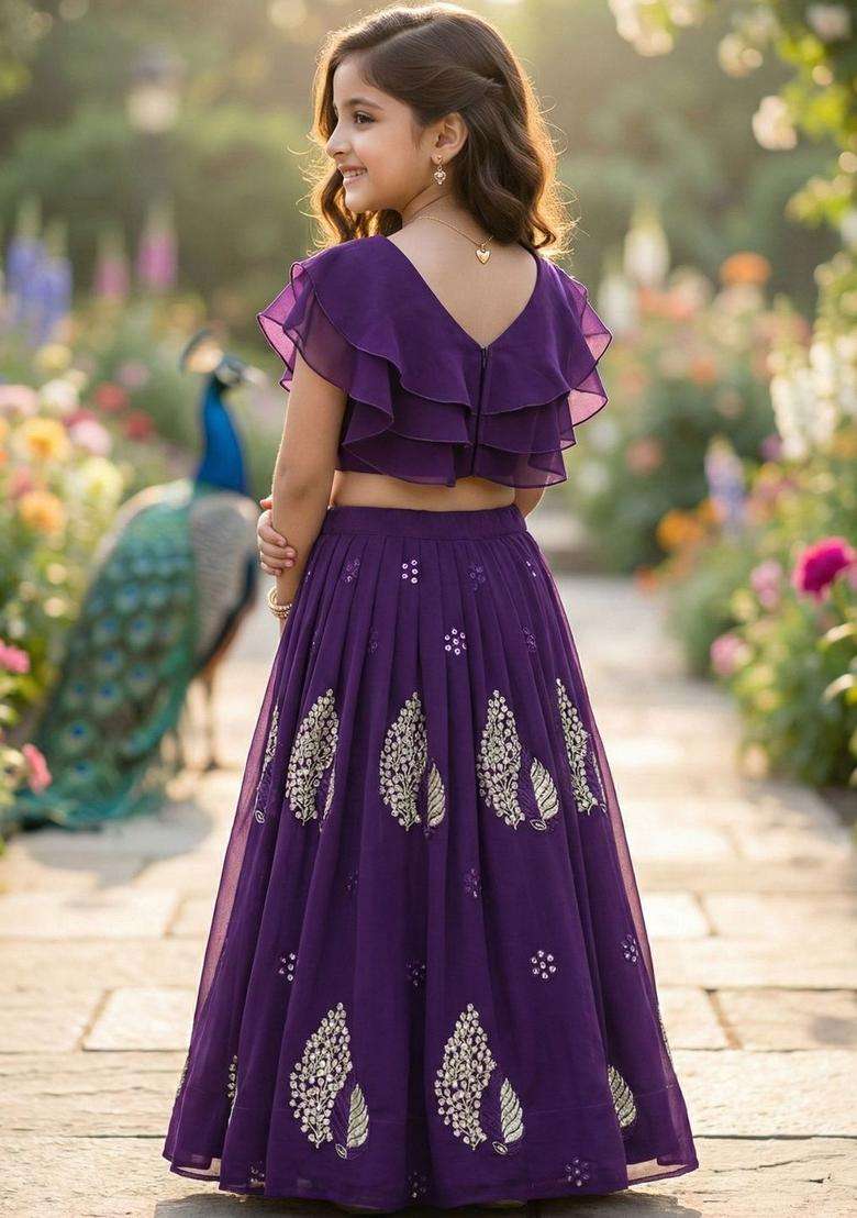 Purple Embellished Georgette Lehenga Set For Girls - Indya