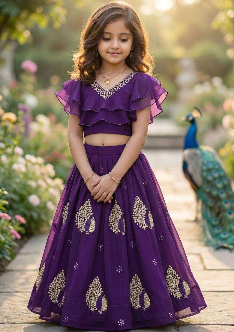 Purple Embellished Georgette Lehenga Set For Girls - Indya