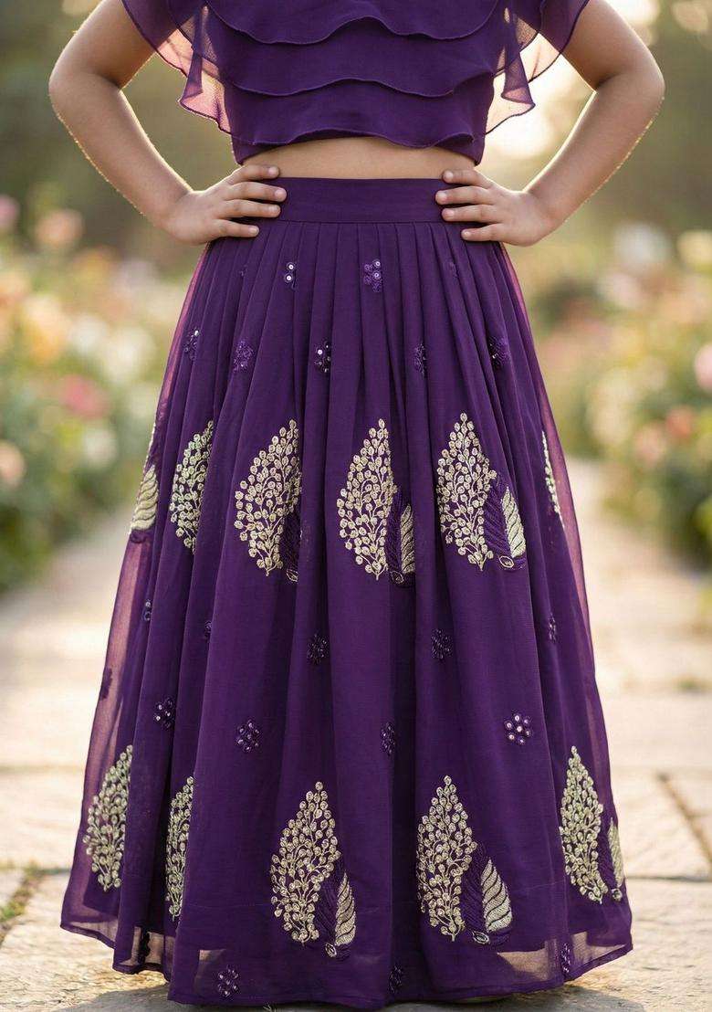 Purple Embellished Georgette Lehenga Set For Girls - Indya
