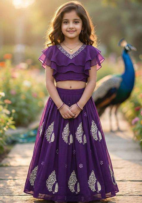 Purple Embellished Georgette Lehenga Set For Girls