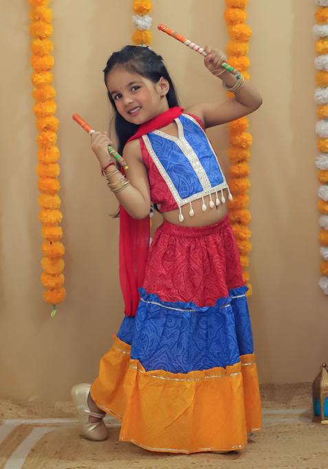 Red Printed Cotton Lehenga Set For Girls — view on Indya
