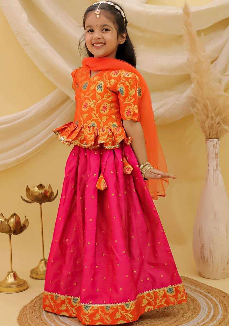 Multi Embroidered Polyester Lehenga Set For Girls - Indya