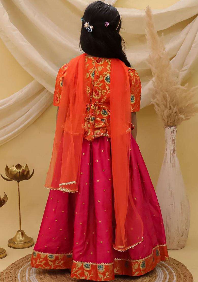 Multi Embroidered Polyester Lehenga Set For Girls - Indya