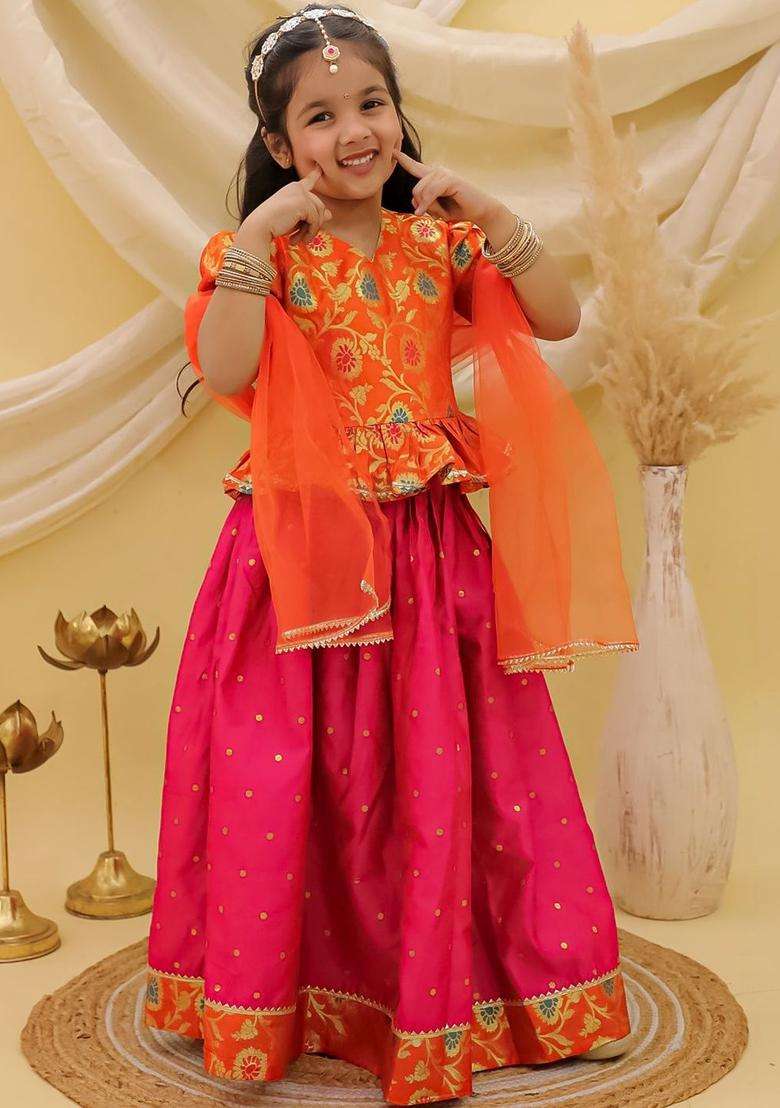 Multi Embroidered Polyester Lehenga Set For Girls - Indya