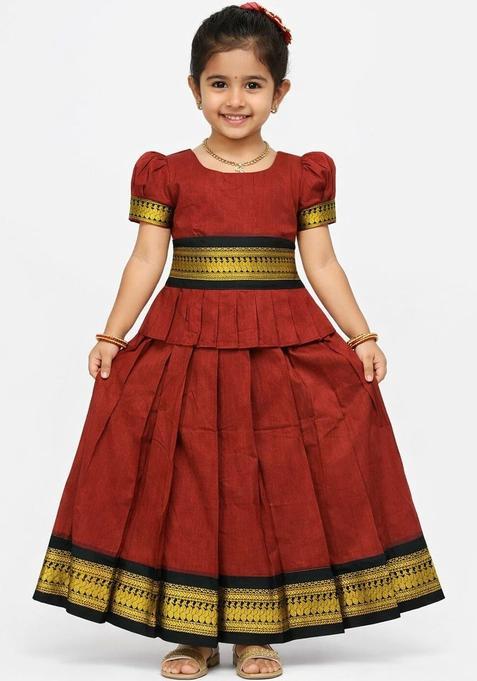 Maroon Solid Cotton Lehenga Set For Girls — view on Indya