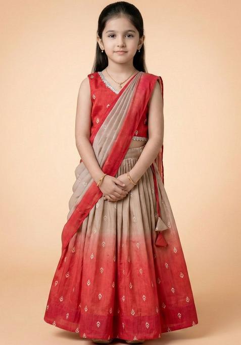 Red Printed Silk Lehenga Set For Girls — view on Indya