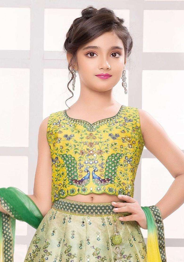 Multi Embroidered Silk Lehenga Set For Girls - Indya