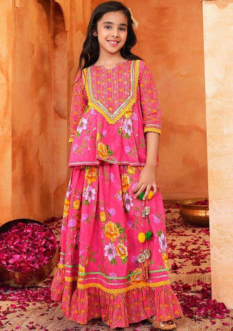 Pink Floral Cotton Lehenga Set For Girls - Indya