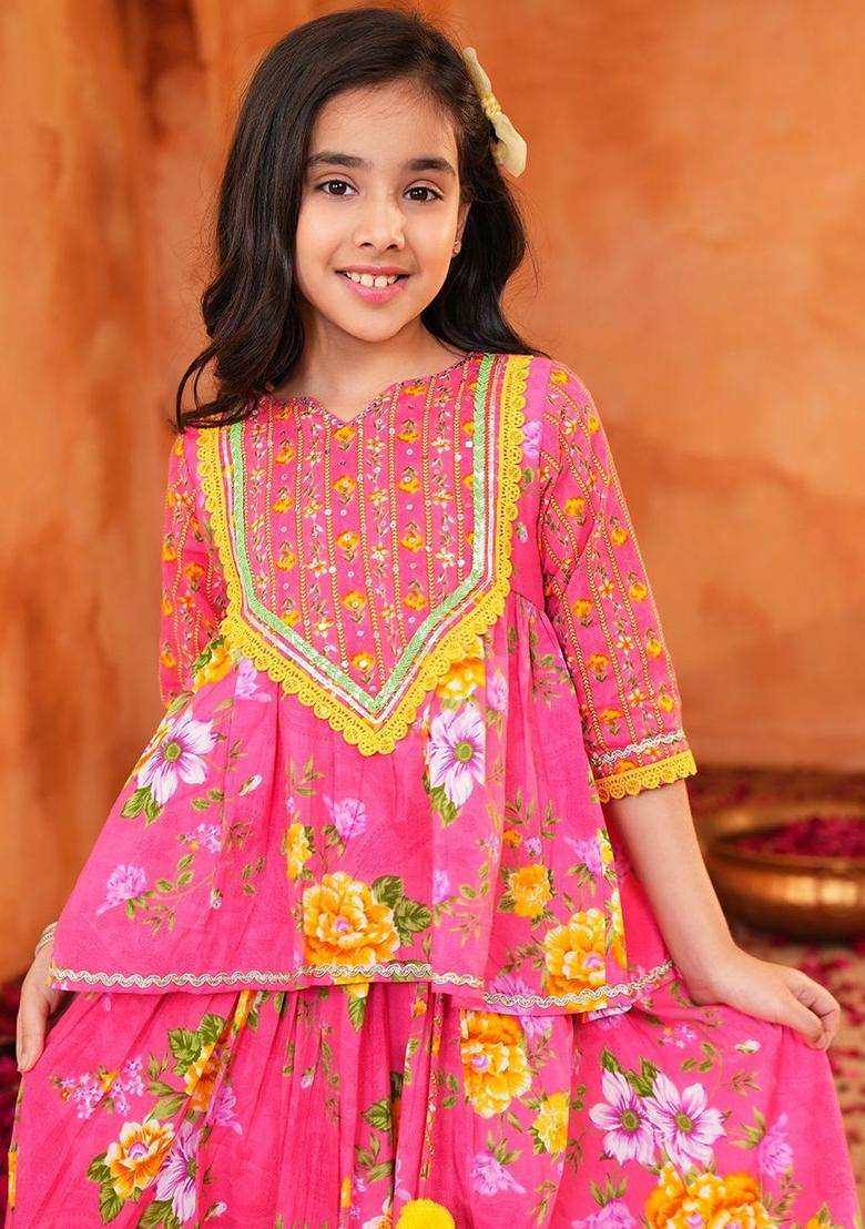 Pink Floral Cotton Lehenga Set For Girls - Indya