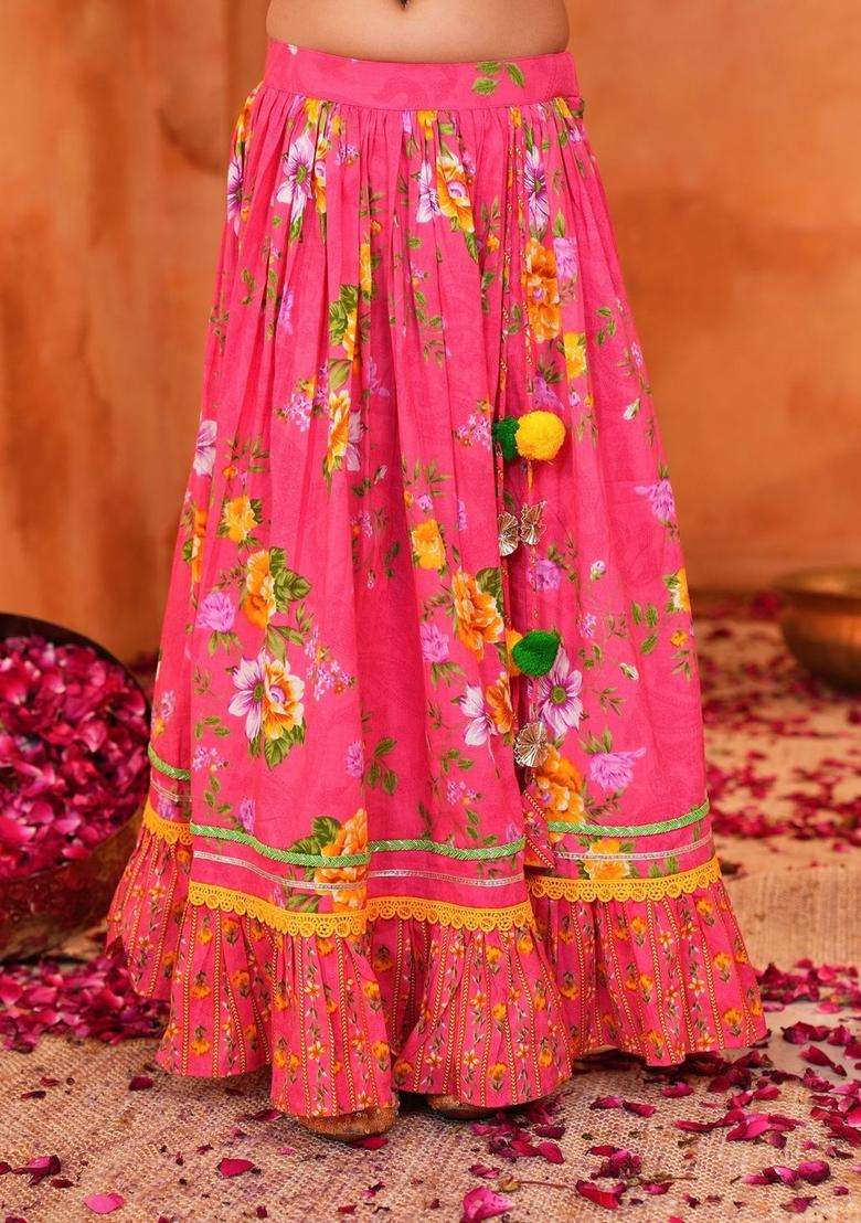 Pink Floral Cotton Lehenga Set For Girls - Indya
