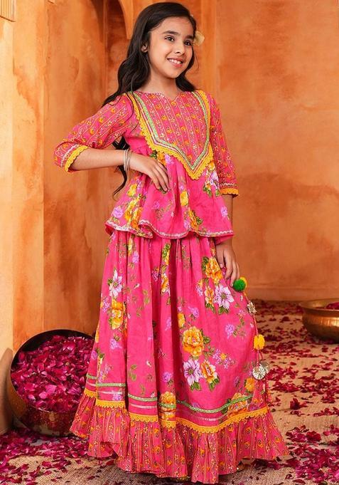 Pink Floral Cotton Lehenga Set For Girls — view on Indya