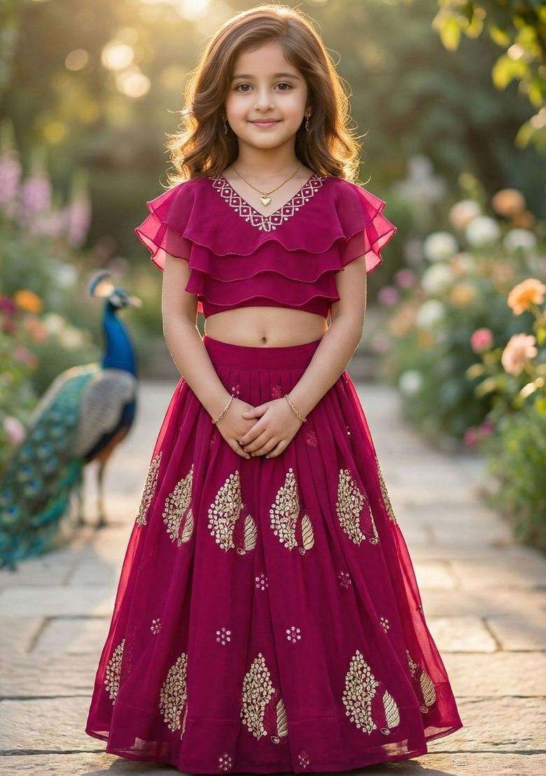 Maroon Embellished Georgette Lehenga Set For Girls - Indya
