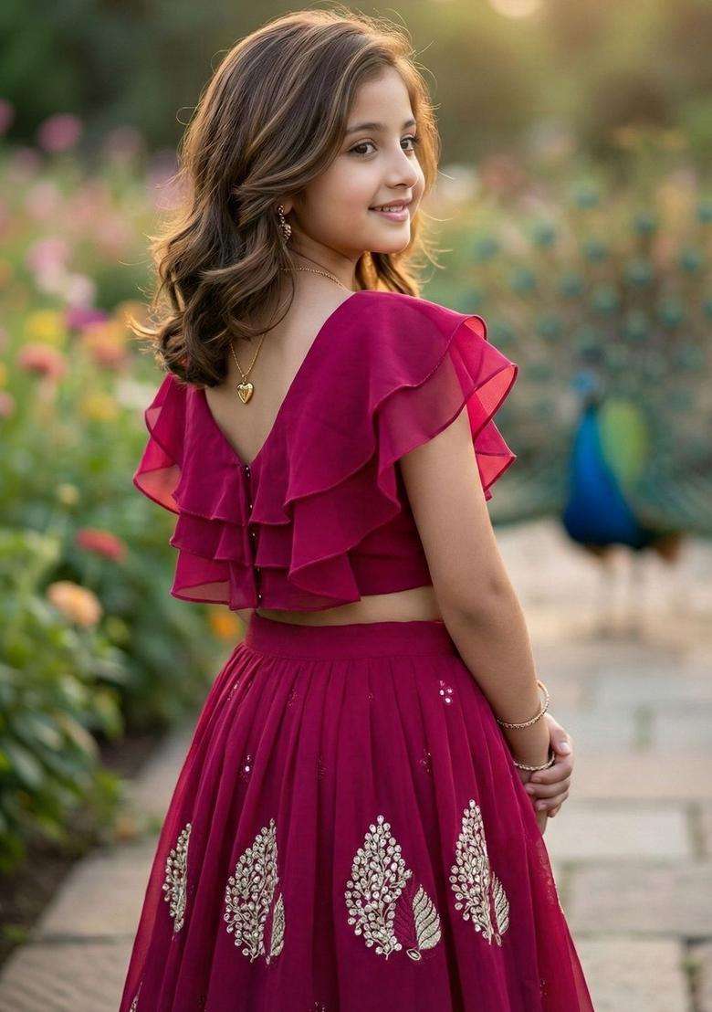 Maroon Embellished Georgette Lehenga Set For Girls - Indya