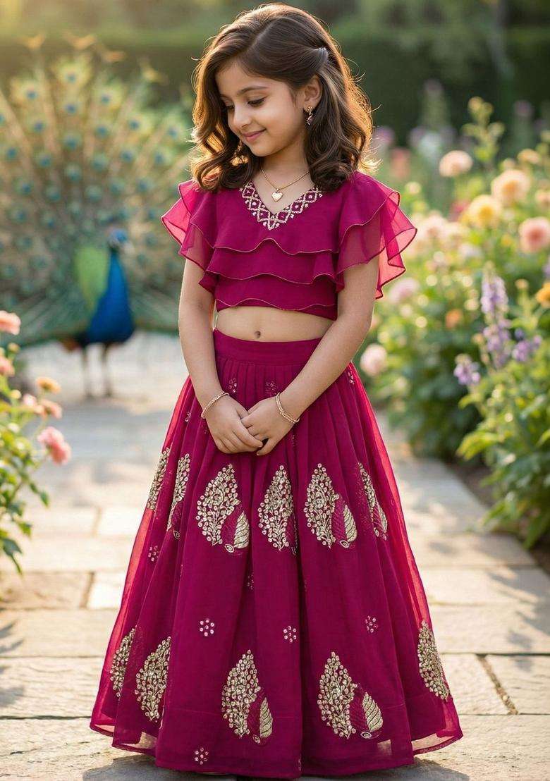 Maroon Embellished Georgette Lehenga Set For Girls - Indya