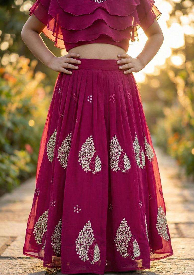 Maroon Embellished Georgette Lehenga Set For Girls - Indya