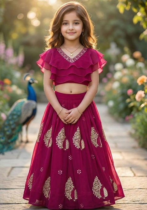 Maroon Embellished Georgette Lehenga Set For Girls — view on Indya