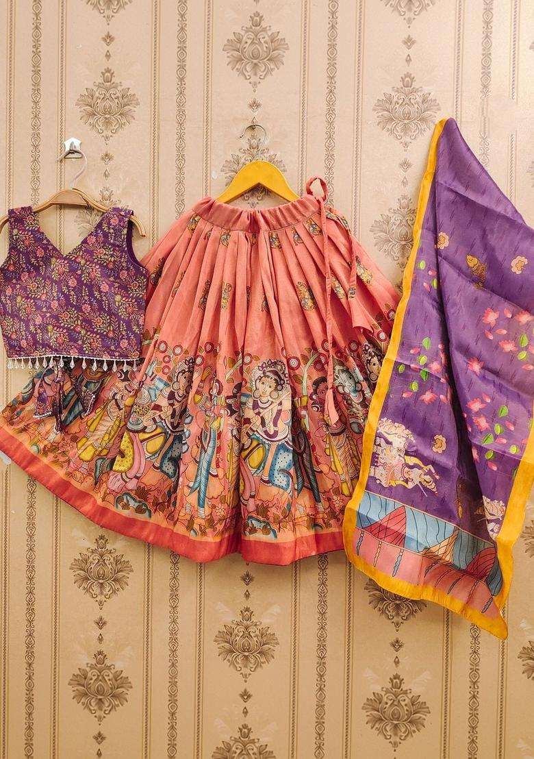 Orange Printed Silk Lehenga Set For Girls - Indya