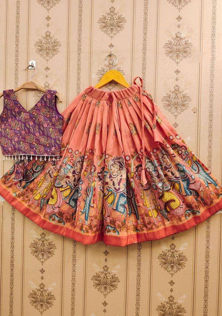 Orange Printed Silk Lehenga Set For Girls - Indya