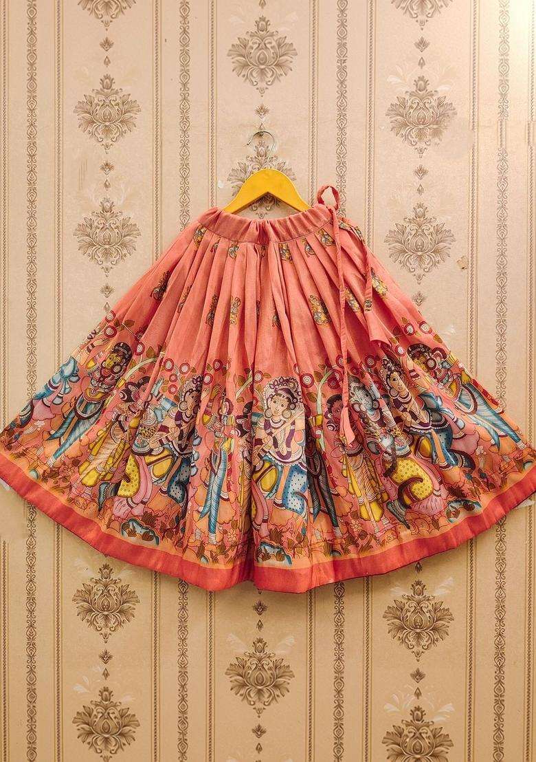 Orange Printed Silk Lehenga Set For Girls - Indya