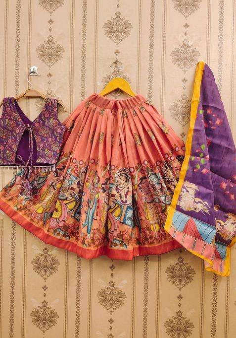 Orange Printed Silk Lehenga Set For Girls