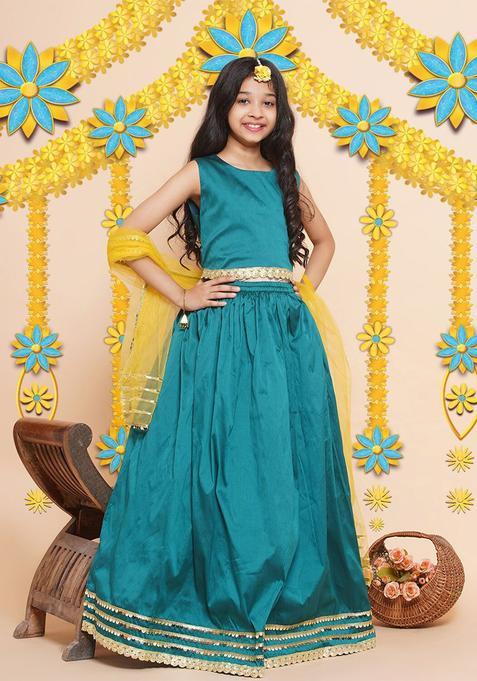 Green Solid Silk Lehenga Set For Girls — view on Indya