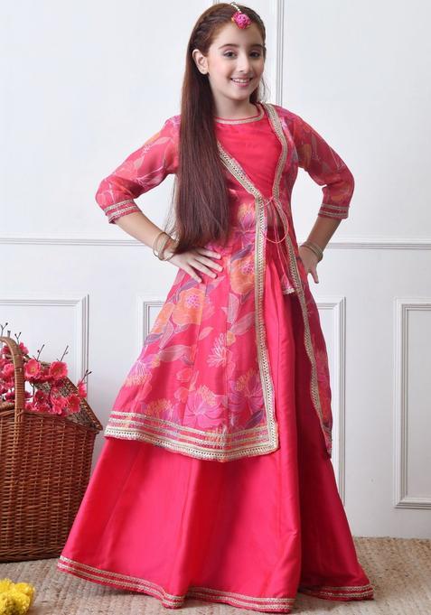 Pink Printed Silk Lehenga Set For Girls — view on Indya