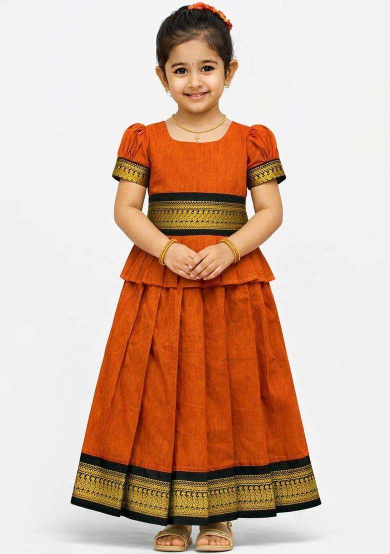 Orange Solid Cotton Lehenga Set For Girls - Indya