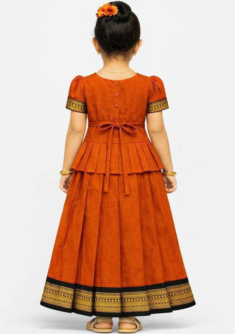 Orange Solid Cotton Lehenga Set For Girls - Indya
