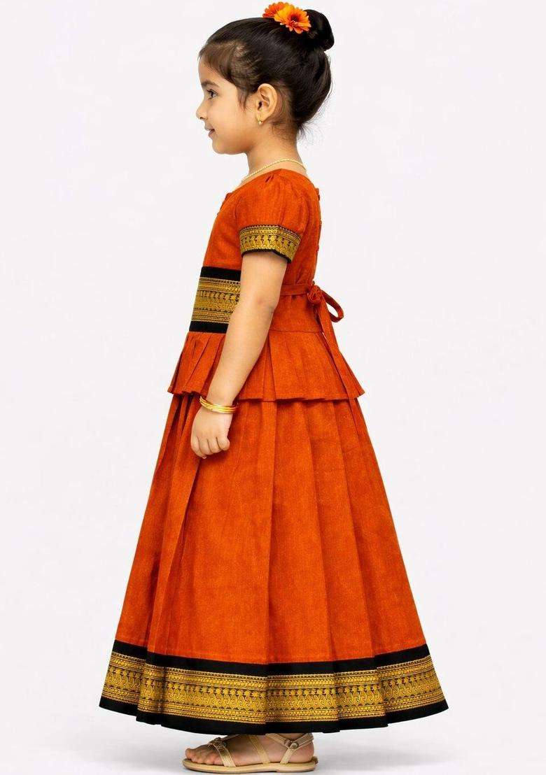 Orange Solid Cotton Lehenga Set For Girls - Indya