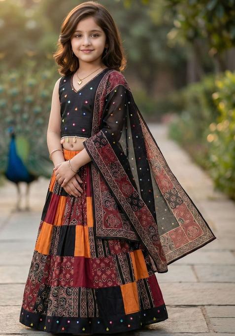 Black Printed Cotton Lehenga Set For Girls — view on Indya