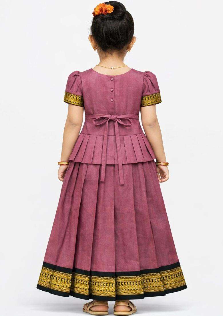 Pink Solid Cotton Lehenga Set For Girls - Indya
