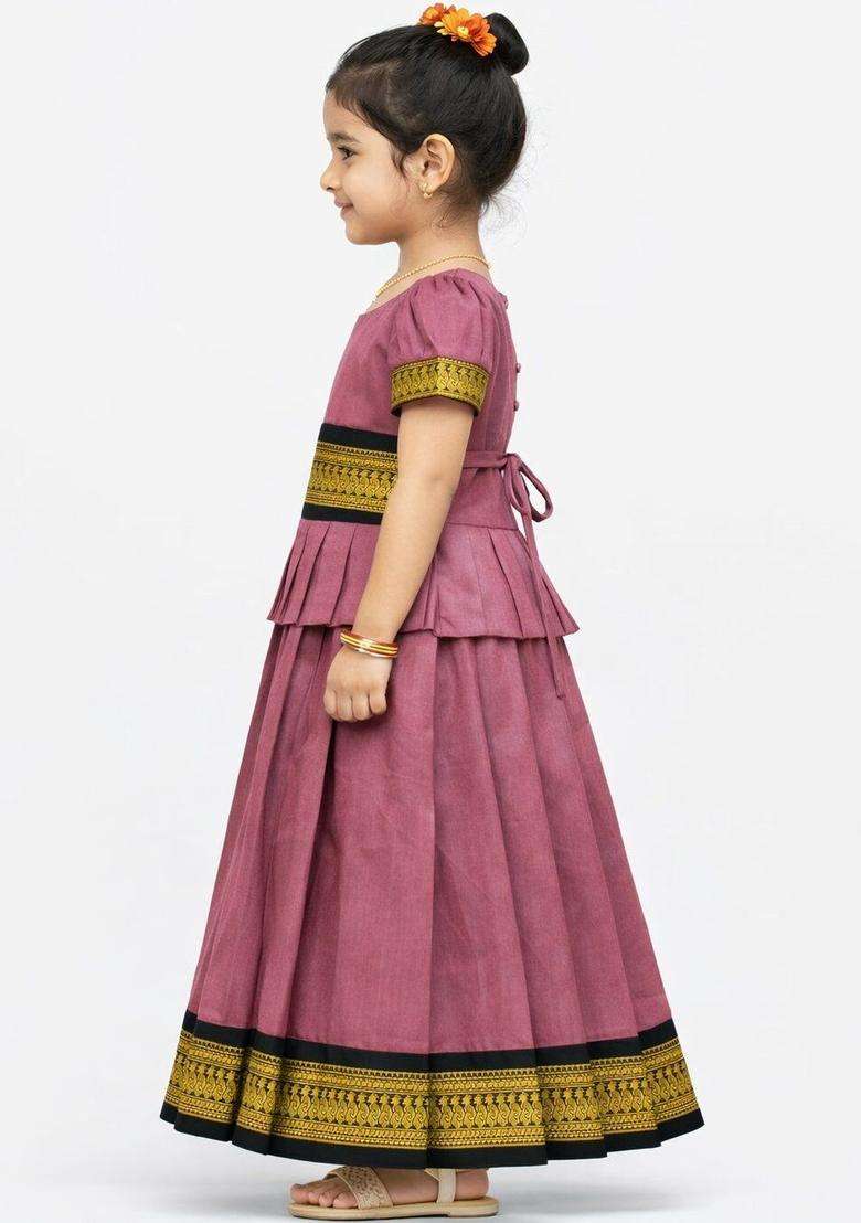 Pink Solid Cotton Lehenga Set For Girls - Indya