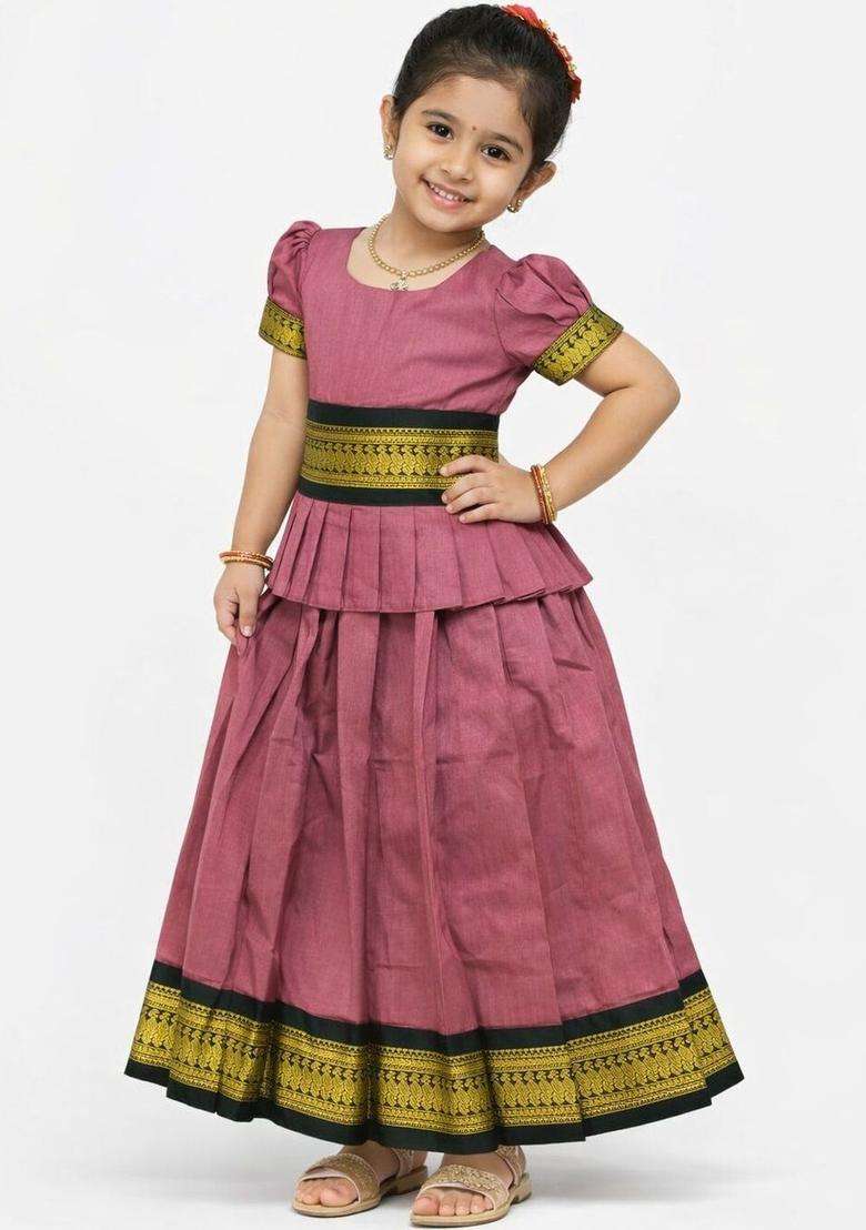 Pink Solid Cotton Lehenga Set For Girls - Indya