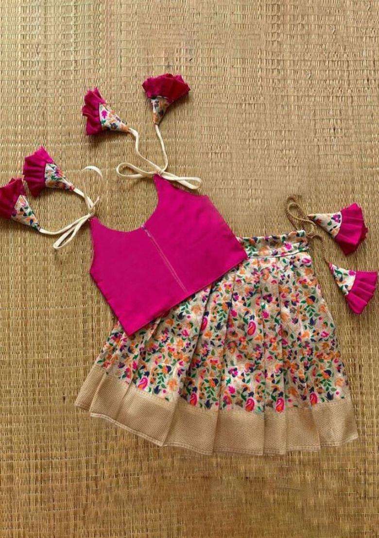 Pink Printed Silk Lehenga Set For Girls - Indya