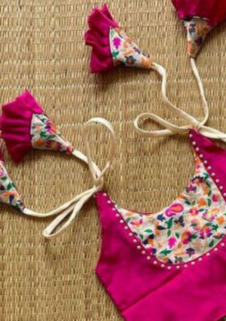 Pink Printed Silk Lehenga Set For Girls - Indya