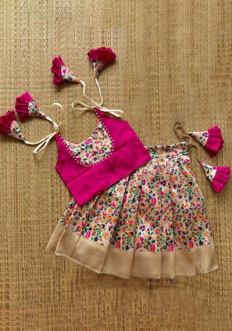 Pink Printed Silk Lehenga Set For Girls — view on Indya