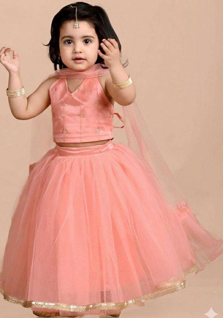 Peach Embellished Net Lehenga Set For Girls - Indya