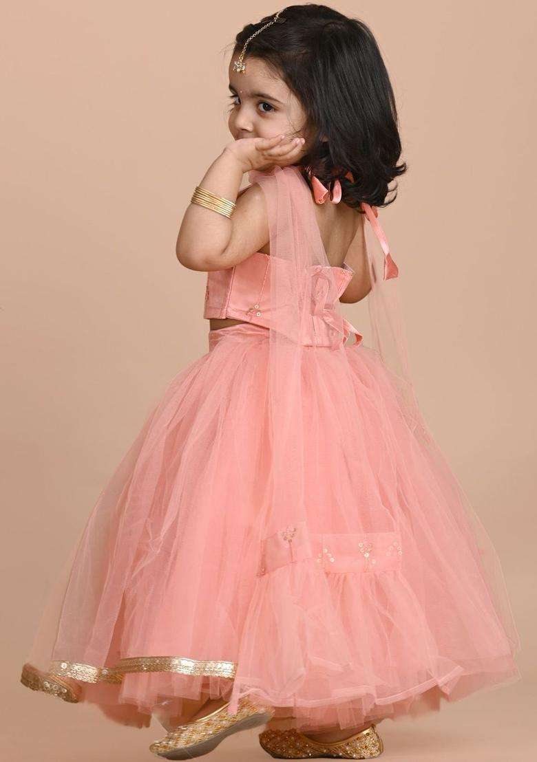 Peach Embellished Net Lehenga Set For Girls - Indya